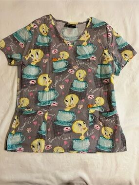 Tweety Bird Gray V-Neck Scrub Top with Teal Cups
